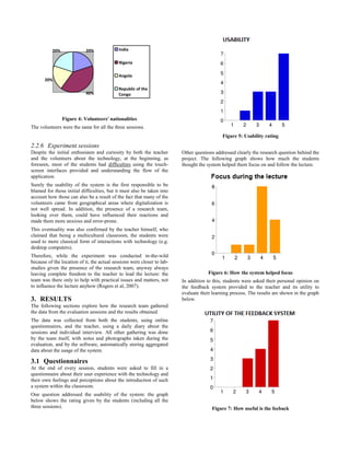20%
40%
20%
20% India
Nigeria
Angola
Republic of the
Congo
Figure 4: Volunteers' nationalities
The volunteers were the same for all the three sessions.
2.2.6 Experiment sessions
Despite the initial enthusiasm and curiosity by both the teacher
and the volunteers about the technology, at the beginning, as
foreseen, most of the students had difficulties using the touch-
screen interfaces provided and understanding the flow of the
application.
Surely the usability of the system is the first responsible to be
blamed for those initial difficulties, but it must also be taken into
account how those can also be a result of the fact that many of the
volunteers came from geographical areas where digitalization is
not well spread. In addition, the presence of a research team,
looking over them, could have influenced their reactions and
made them more anxious and error-prone.
This eventuality was also confirmed by the teacher himself, who
claimed that being a multicultural classroom, the students were
used to more classical form of interactions with technology (e.g.
desktop computers).
Therefore, while the experiment was conducted in-the-wild
because of the location of it, the actual sessions were closer to lab-
studies given the presence of the research team, anyway always
leaving complete freedom to the teacher to lead the lecture: the
team was there only to help with practical issues and matters, not
to influence the lecture anyhow (Rogers et al, 2007).
3. RESULTS
The following sections explore how the research team gathered
the data from the evaluation sessions and the results obtained.
The data was collected from both the students, using online
questionnaires, and the teacher, using a daily diary about the
sessions and individual interview. All other gathering was done
by the team itself, with notes and photographs taken during the
evaluation, and by the software, automatically storing aggregated
data about the usage of the system.
3.1 Questionnaires
At the end of every session, students were asked to fill in a
questionnaire about their user experience with the technology and
their own feelings and perceptions about the introduction of such
a system within the classroom.
One question addressed the usability of the system: the graph
below shows the rating given by the students (including all the
three sessions).
Figure 5: Usability rating
Other questions addressed clearly the research question behind the
project. The following graph shows how much the students
thought the system helped them focus on and follow the lecture.
Figure 6: How the system helped focus
In addition to this, students were asked their personal opinion on
the feedback system provided to the teacher and its utility to
evaluate their learning process. The results are shown in the graph
below.
Figure 7: How useful is the feeback
 