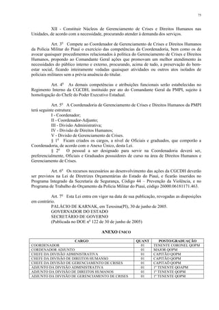 75 
XII - Constituir Núcleos de Gerenciamento de Crises e Direitos Humanos nas 
Unidades, de acordo com a necessidade, procurando atender à demanda dos serviços. 
Art. 3o Compete ao Coordenador de Gerenciamento de Crises e Direitos Humanos 
da Polícia Militar do Piauí o exercício das competências da Coordenadoria, bem como os de 
avocar quaisquer procedimentos relacionados à política do Gerenciamento de Crises e Direitos 
Humanos, propondo ao Comandante Geral ações que promovam um melhor atendimento às 
necessidades do público interno e externo, procurando, acima de tudo, a preservação do bem-estar 
social, ficando inteiramente vedadas quaisquer atividades ou outros atos isolados de 
policiais militares sem a prévia anuência do titular. 
Art. 4o As demais competências e atribuições funcionais serão estabelecidas no 
Regimento Interno da CGCDH, instituído por ato do Comandante Geral da PMPI, sujeito à 
homologação do Chefe do Poder Executivo Estadual. 
Art. 5o A Coordenadoria de Gerenciamento de Crises e Direitos Humanos da PMPI 
terá seguinte estrutura: 
I - Coordenador; 
II - Coordenador-Adjunto; 
III - Divisão Administrativa; 
IV - Divisão de Direitos Humanos; 
V - Divisão de Gerenciamento de Crises. 
§ 1o Ficam criados os cargos, a nível de Oficiais e graduados, que comporão a 
Coordenadoria, de acordo com o Anexo Único, desta Lei. 
§ 2o O pessoal a ser designado para servir na Coordenadoria deverá ser, 
preferencialmente, Oficiais e Graduados possuidores de curso na área de Direitos Humanos e 
Gerenciamento de Crises. 
Art. 6o Os recursos necessários ao desenvolvimento das ações da CGCDH deverão 
ser previstos na Lei de Diretrizes Orçamentárias do Estado do Piauí, e ficarão inseridos no 
Programa Integrado da Secretaria de Segurança, Código 44 – Prevenção da Violência, e no 
Programa de Trabalho do Orçamento da Polícia Militar do Piauí, código 26000.06181171.463. 
Art. 7o Esta Lei entra em vigor na data de sua publicação, revogadas as disposições 
em contrário. 
PALÁCIO DE KARNAK, em Teresina(PI), 30 de junho de 2005. 
GOVERNADOR DO ESTADO 
SECRETÁRIO DE GOVERNO 
(Publicada no DOE no 122 de 30 de junho de 2005) 
ANEXO ÚNICO 
CARGO QUANT POSTO/GRADUAÇÃO 
COORDENADOR 01 TENENTE CORONEL QOPM 
CORDENADOR ADJUNTO 01 MAJOR QOPM 
CHEFE DA DIVISÃO ADMINISTRATIVA 01 CAPITÃO QOPM 
CHEFE DA DIVISÃO DE DIREITOS HUMANSO 01 CAPITÃO QOPM 
CHEFE DA DIVISÃO DE GERENCIAMENTO DE CRISES 01 CAPITAÕ QOPM 
ADJUNTO DA DIVISÃO ADMINISTRATIVA 01 1º TENENTE QOAPM 
ADJUNTO DA DIVISÃO DE DIREITOS HUMANOS 01 1º TENENTE QOPM 
ADJUNTO DA DIVISÃO DE GERENCIAMENTO DE CRISES 01 1º TENENTE QOPM 
 