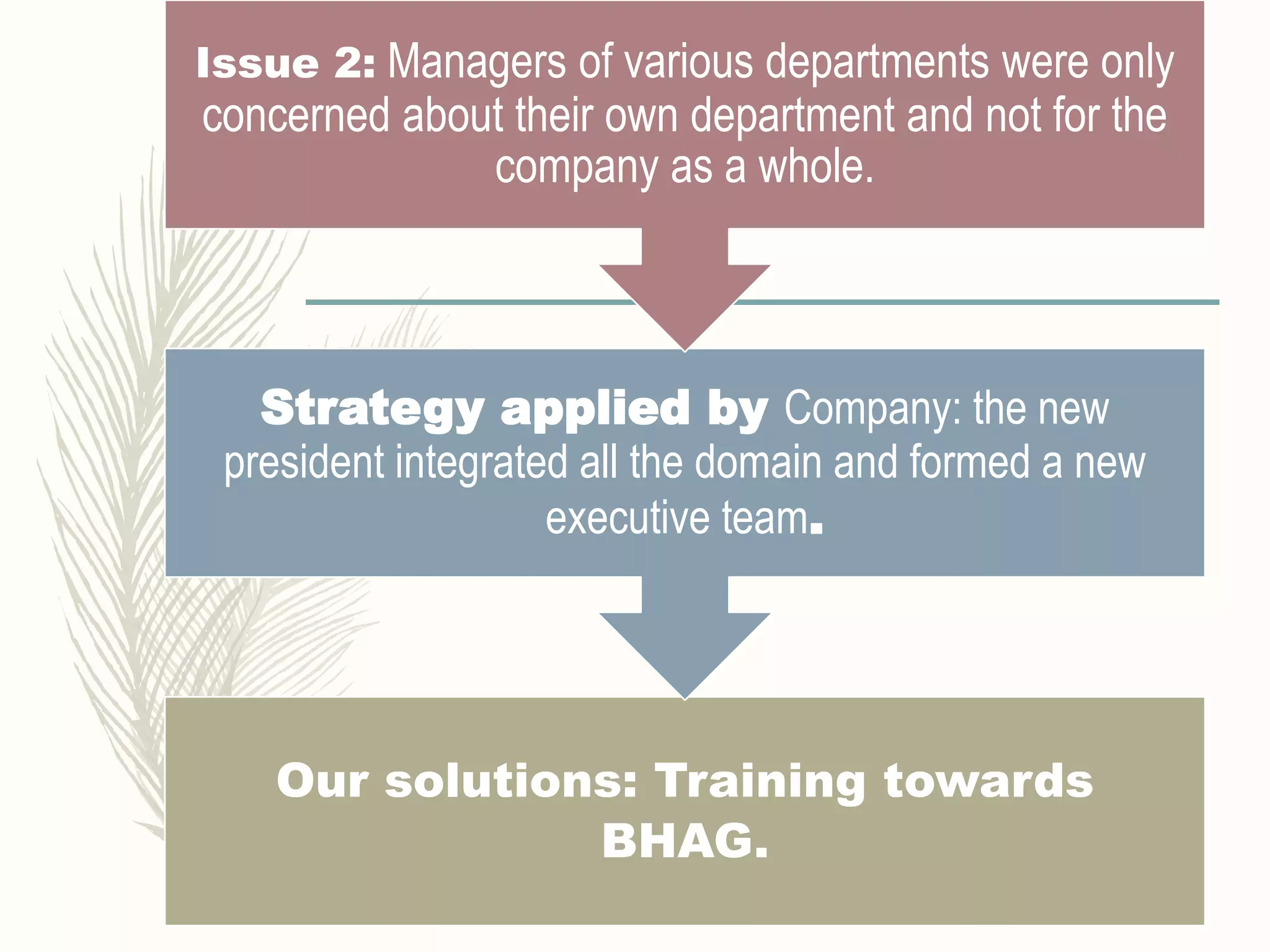 Our solutions: Training towards
BHAG.
Strategy applied by Company: the new
president integrated all the domain and formed a new
executive team.
Issue 2: Managers of various departments were only
concerned about their own department and not for the
company as a whole.
 