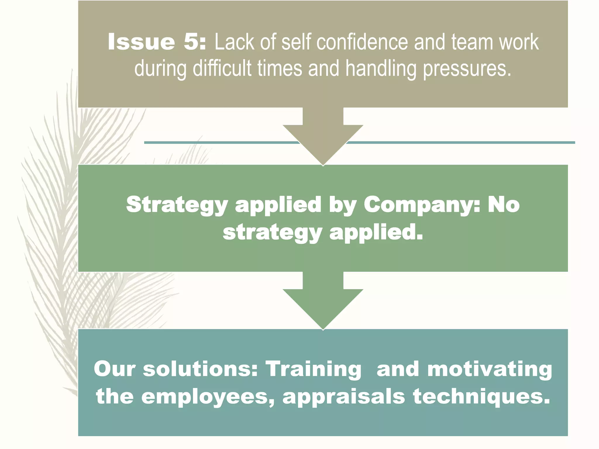 Our solutions: Training and motivating
the employees, appraisals techniques.
Strategy applied by Company: No
strategy applied.
Issue 5: Lack of self confidence and team work
during difficult times and handling pressures.
 