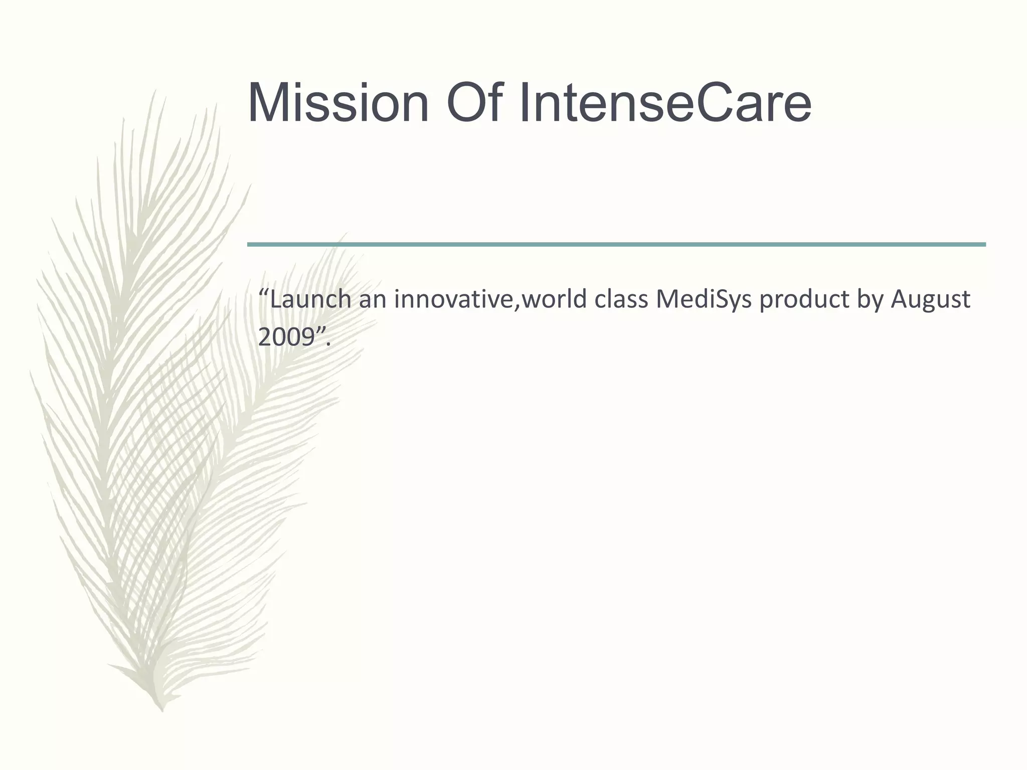 Mission Of IntenseCare
“Launch an innovative,world class MediSys product by August
2009”.
 