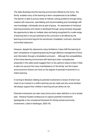 The table illustrates that the learning environment offered by the home, ‘the
family’ enables many of the learning to learn competencies to be fulfilled.
The learner is able to pursue areas of interest, solving problems through being
creative with resources, assimilating and accommodating prior knowledge with
new knowledge, individually and as part of group. An awareness of individual
learning processes and needs is developed through using everyday language,
the opportunity to take on multiple roles and being recognised for a wide range
of learning that is not just restricted to the curriculum is all offered by the
learning environment beyond the sanctioned, timetabled, contrived, restricted
and limited classroom.
However, despite the classrooms many limitations it does fulfil the learning to
learn competence of organising learning through effective management of time
and information through a timetabled curriculum. Although the compatibilities
of the home learning environment with learning to learn competencies
presented in this table would suggest that it is the optimum place to learn it fails
to take into account the many manifestations of ‘the family’ and the impact
socio-economic factors can have on the degree of parental involvement in a
child’s learning.
In turning to literature relating to parental involvement a review of what it can
mean to be involved in a child’s learning can be made and why some families
will always support their children’s learning and yet others do not.
Parental involvement can take many forms and a clear definition is not a simple
task. However Epstein endeavours to capture parental involvement
typologically in her conceptual framework for family-school-community
involvement. (cited in Desforges, 2003:18)
11
 