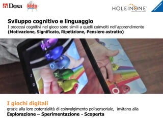 Sviluppo cognitivo e linguaggio
I processi cognitivi nel gioco sono simili a quelli coinvolti nell’apprendimento
(Motivazione, Significato, Ripetizione, Pensiero astratto)
I giochi digitali
grazie alla loro potenzialità di coinvolgimento polisensoriale, invitano alla
Esplorazione – Sperimentazione - Scoperta
 