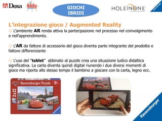 L’integrazione gioco / Augmented Reality
o L’ambiente AR renda attiva la partecipazione nel processo nel coinvolgimento
e nell’apprendimento.
o L’AR da fattore di accessorio del gioco diventa parte integrante del prodotto e
fattore differenziante
o L’uso del “tablet” abbinato al puzzle crea una situazione ludico didattica
significativa. La carta diventa quindi digital riunendo i due diversi momenti di
gioco ma riporta allo stesso tempo il bambino a giocare con la carta, legno ecc.
GIOCHI
IBRIDI
 