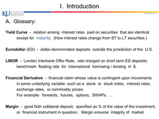 © Paul Koch 1-1
I. Introduction
A. Glossary:
Yield Curve - relation among interest rates paid on securities that are identical
except for maturity. (How interest rates change from ST to LT securities.)
Eurodollar (ED) - dollar-denominated deposits outside the jurisdiction of the U.S.
LIBOR - London Interbank Offer Rate; rate charged on short term ED deposits;
benchmark floating rate for international borrowing / lending in $.
Financial Derivative - financial claim whose value is contingent upon movements
in some underlying variable such as a stock or stock index, interest rates,
exchange rates, or commodity prices;
For example: forwards, futures, options, SWAPs, …
Margin - good faith collateral deposit; specified as % of the value of the investment,
or financial instrument in question; Margin ensures integrity of market.
 