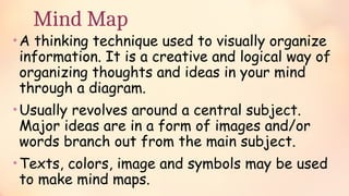 Mind Map
•A thinking technique used to visually organize
information. It is a creative and logical way of
organizing thoughts and ideas in your mind
through a diagram.
•Usually revolves around a central subject.
Major ideas are in a form of images and/or
words branch out from the main subject.
•Texts, colors, image and symbols may be used
to make mind maps.
 