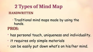 2 Types of Mind Map
HANDWRITTEN
• Traditional mind maps made by using the
hands.
PROS:
• has personal touch, uniqueness and individuality.
• it requires only simple materials
• can be easily put down what’s on his/her mind.
 