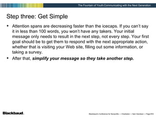 Step three: Get Simple Attention spans are decreasing faster than the icecaps. If you can’t say it in less than 100 words, you won’t have any takers. Your initial message only needs to result in the next step, not every step. Your first goal should be to get them to respond with the next appropriate action, whether that is visiting your Web site, filling out some information, or taking a survey. After that,  simplify your message so they take another step.   