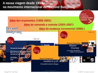 A nossa viagem desde 1998,
no movimento internacional de “Beyond Budgeting”



         Além dos orçamentos (1998-2002)
                         Além do comando e controle (2003-2007)
                                    Além da mudança incremental (2008-)




Vistage/TEC– São Paulo                     12                     © BBTN – All rights reserved
 