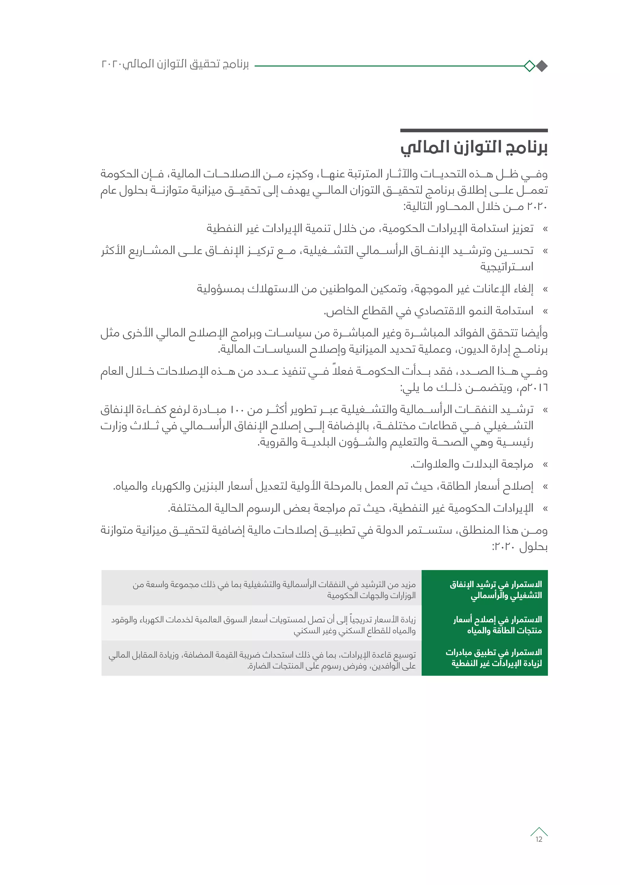 ‫المالي‬ ‫التوازن‬ ‫برنامج‬
‫الحكومة‬ ‫فـــإن‬ ،‫المالية‬ ‫االصالحـــات‬ ‫مـــن‬ ‫وكجزء‬ ،‫عنهـــا‬ ‫المترتبة‬ ‫واآلثـــار‬ ‫التحديـــات‬ ‫هـــذه‬ ‫ظـــل‬ ‫وفـــي‬
‫عام‬ ‫بحلول‬ ‫متوازنـــة‬ ‫ميزانية‬ ‫تحقيـــق‬ ‫إلى‬ ‫يهدف‬ ‫المالـــي‬ ‫التوزان‬ ‫لتحقيـــق‬ ‫برنامج‬ ‫إطالق‬ ‫علـــى‬ ‫تعمـــل‬
:‫التالية‬ ‫المحـــاور‬ ‫خالل‬ ‫مـــن‬ 2020
»»‫النفطية‬ ‫غير‬ ‫اإليرادات‬ ‫تنمية‬ ‫خالل‬ ‫من‬ ،‫الحكومية‬ ‫اإليرادات‬ ‫استدامة‬ ‫تعزيز‬
»»‫األكثر‬ ‫المشـــاريع‬ ‫علـــى‬ ‫اإلنفـــاق‬ ‫تركيـــز‬ ‫مـــع‬ ،‫التشـــغيلية‬ ‫الرأســـمالي‬ ‫اإلنفـــاق‬ ‫وترشـــيد‬ ‫تحســـين‬
‫اســـتراتيجية‬
»»‫بمسؤولية‬ ‫االستهالك‬ ‫من‬ ‫المواطنين‬ ‫وتمكين‬ ،‫الموجهة‬ ‫غير‬ ‫اإلعانات‬ ‫إلغاء‬
»».‫الخاص‬ ‫القطاع‬ ‫في‬ ‫االقتصادي‬ ‫النمو‬ ‫استدامة‬
‫مثل‬ ‫األخرى‬ ‫المالي‬ ‫اإلصالح‬ ‫وبرامج‬ ‫سياســـات‬ ‫من‬ ‫المباشـــرة‬ ‫وغير‬ ‫المباشـــرة‬ ‫الفوائد‬ ‫تتحقق‬ ‫وأيضا‬
.‫المالية‬ ‫السياســـات‬ ‫وإصالح‬ ‫الميزانية‬ ‫تحديد‬ ‫وعملية‬ ،‫الديون‬ ‫إدارة‬ ‫برنامـــج‬
‫العام‬ ‫خـــال‬ ‫اإلصالحات‬ ‫هـــذه‬ ‫من‬ ‫عـــدد‬ ‫تنفيذ‬ ‫فـــي‬ ً‫فعال‬ ‫الحكومـــة‬ ‫بـــدأت‬ ‫فقد‬ ،‫الصـــدد‬ ‫هـــذا‬ ‫وفـــي‬
:‫يلي‬ ‫ما‬ ‫ذلـــك‬ ‫ويتضمـــن‬ ،‫6102م‬
»»‫اإلنفاق‬ ‫كفـــاءة‬ ‫لرفع‬ ‫مبـــادرة‬ 100 ‫من‬ ‫أكثـــر‬ ‫تطوير‬ ‫عبـــر‬ ‫والتشـــغيلية‬ ‫الرأســـمالية‬ ‫النفقـــات‬ ‫ترشـــيد‬
‫وزارت‬ ‫ثـــاث‬ ‫في‬ ‫الرأســـمالي‬ ‫اإلنفاق‬ ‫إصالح‬ ‫إلـــى‬ ‫باإلضافة‬ ،‫مختلفـــة‬ ‫قطاعات‬ ‫فـــي‬ ‫التشـــغيلي‬
.‫والقروية‬ ‫البلديـــة‬ ‫والشـــؤون‬ ‫والتعليم‬ ‫الصحـــة‬ ‫وهي‬ ‫رئيســـية‬
»».‫والعالوات‬ ‫البدالت‬ ‫مراجعة‬
»».‫والمياه‬ ‫والكهرباء‬ ‫البنزين‬ ‫أسعار‬ ‫لتعديل‬ ‫األولية‬ ‫بالمرحلة‬ ‫العمل‬ ‫تم‬ ‫حيث‬ ،‫الطاقة‬ ‫أسعار‬ ‫إصالح‬
»».‫المختلفة‬ ‫الحالية‬ ‫الرسوم‬ ‫بعض‬ ‫مراجعة‬ ‫تم‬ ‫حيث‬ ،‫النفطية‬ ‫غير‬ ‫الحكومية‬ ‫اإليرادات‬
‫متوازنة‬ ‫ميزانية‬ ‫لتحقيـــق‬ ‫إضافية‬ ‫مالية‬ ‫إصالحات‬ ‫تطبيـــق‬ ‫في‬ ‫الدولة‬ ‫ستســـتمر‬ ،‫المنطلق‬ ‫هذا‬ ‫ومـــن‬
:2020 ‫بحلول‬
‫اإلنفاق‬ ‫ترشيد‬ ‫في‬ ‫االستمرار‬
‫والرأسمالي‬ ‫التشغيلي‬
‫من‬ ‫واسعة‬ ‫مجموعة‬ ‫ذلك‬ ‫في‬ ‫بما‬ ‫والتشغيلية‬ ‫الرأسمالية‬ ‫النفقات‬ ‫في‬ ‫الترشيد‬ ‫من‬ ‫مزيد‬
‫الحكومية‬ ‫والجهات‬ ‫الوزارات‬
‫أسعار‬ ‫إصالح‬ ‫في‬ ‫االستمرار‬
‫والمياه‬ ‫الطاقة‬ ‫منتجات‬
‫والوقود‬ ‫الكهرباء‬ ‫لخدمات‬ ‫العالمية‬ ‫السوق‬ ‫أسعار‬ ‫لمستويات‬ ‫تصل‬ ‫أن‬ ‫إلى‬ ً‫تدريجيا‬ ‫األسعار‬ ‫زيادة‬
‫السكني‬ ‫وغير‬ ‫السكني‬ ‫للقطاع‬ ‫والمياه‬
‫المالي‬ ‫المقابل‬ ‫وزيادة‬ ،‫المضافة‬ ‫القيمة‬ ‫ضريبة‬ ‫استحداث‬ ‫ذلك‬ ‫في‬ ‫بما‬ ،‫اإليرادات‬ ‫قاعدة‬ ‫توسيع‬
.‫الضارة‬ ‫المنتجات‬ ‫على‬ ‫رسوم‬ ‫وفرض‬ ،‫الوافدين‬ ‫على‬
٢٠٢٠‫المالي‬ ‫التوازن‬ ‫تحقيق‬ ‫برنامج‬
12
‫مبادرات‬ ‫تطبيق‬ ‫في‬ ‫االستمرار‬
‫النفطية‬ ‫غير‬ ‫اإليرادات‬ ‫لزيادة‬
 