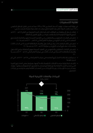 ‫التسعينات‬ ‫نهاية‬
‫الحكومي‬ ‫اإلنفاق‬ ‫تقليل‬ ‫اســـتدعى‬ ‫مما‬ 1999 ‫و‬ 1997 ‫بين‬ ‫النفط‬ ‫أســـعار‬ ‫تهاوت‬ ،‫التســـعينات‬ ‫نهاية‬ ‫في‬
:‫يلي‬ ‫ما‬ ‫تضمنت‬ ‫صارمة‬ ‫تقشـــفية‬ ‫سياســـات‬ ‫باتباع‬ ‫الفترة‬ ‫هذه‬ ‫خالل‬ ‫الدولة‬ ‫قامت‬ ‫حيث‬ %17‫بــــ‬
»»‫9141هـ‬ - ‫8141هـ‬ ‫العام‬ ‫من‬ ‫المتبقية‬ ‫المدة‬ ‫خالل‬ ‫الشـــاغرة‬ ‫الوظائف‬ ‫من‬ ‫وظيفة‬ ‫أي‬ ‫شـــغل‬ ‫إيقاف‬
‫التعاقد‬ ‫أو‬ ‫التعيين‬ ‫طريق‬ ‫عـــن‬ ‫والعســـكرية‬ ‫المدنية‬ ‫الحكومية‬ ‫األجهزة‬ ‫لجميع‬
»»‫بالمشـــاريع‬ ‫الخاصة‬ ‫معهـــم‬ ‫المبرمـــة‬ ‫العقـــود‬ ‫فـــي‬ ‫والمقاوليـــن‬ ‫المتعهديـــن‬ ‫التزامـــات‬ ‫تخفيـــض‬
%10 ‫بنســـبة‬ ‫9141هـ‬ - ‫8141هــــ‬ ‫المالـــي‬ ‫العام‬ ‫ميزانيـــة‬ ‫فـــي‬ ‫الرابع‬ ‫البـــاب‬ ‫فـــي‬ ‫المعتمـــدة‬
»»‫الثالث‬ ‫البـــاب‬ ‫في‬ ‫المدرجـــة‬ ‫والنظافة‬ ‫والصيانـــة‬ ‫التشـــغيل‬ ‫برامـــج‬ ‫واعتمـــادات‬ ‫تكلفـــة‬ ‫تخفيـــض‬
%10 ‫بنســـبة‬ ‫هـ‬ 1419- ‫8141هــــ‬ ‫ميزانية‬ ‫مـــن‬ ‫الرابع‬ ‫البـــاب‬ ‫مشـــاريع‬ ‫واعتمـــادات‬
»»‫التشـــغيل‬ ‫ببرامج‬ ‫المتعلقة‬ ‫معهم‬ ‫المبرمة‬ ‫العقود‬ ‫في‬ ‫والمتعهدين‬ ‫المقاولين‬ ‫التزامات‬ ‫تخفيـــض‬
‫بنســـبة‬ ‫9141هـ‬ - ‫8141هـ‬ ‫المالي‬ ‫العام‬ ‫ميزانية‬ ‫في‬ ‫الثالث‬ ‫البـــاب‬ ‫في‬ ‫المدرجة‬ ‫والنظافـــة‬ ‫والصيانـــة‬
%10
»»‫لم‬ ‫التي‬ ‫9141هــــ‬ - ‫8141هـ‬ ‫المالـــي‬ ‫العام‬ ‫ميزانيـــة‬ ‫في‬ ‫المعتمدة‬ ‫المشـــاريع‬ ‫بكافـــة‬ ‫االرتبـــاط‬ ‫عـــدم‬
‫عقودها‬ ‫تبـــرم‬
»»‫الكبيرة‬ ‫المشـــاريع‬ ‫بعض‬ ‫ومراجعة‬ ،‫أنوعها‬ ‫بكافـــة‬ ‫الحكومية‬ ‫اإلعانات‬ ‫بدراســـة‬ ‫وزارية‬ ‫لجنة‬ ‫تكليـــف‬
‫وإيجاد‬ ،‫جدولتهـــا‬ ‫أو‬ ‫تأجيلها‬ ‫أو‬ ‫تقليصهـــا‬ ‫ودراســـة‬ ‫كبيرة‬ ‫مالية‬ ‫مبالـــغ‬ ‫العامة‬ ‫الخزينـــة‬ ‫تحمـــل‬ ‫التـــي‬
‫إجراءات‬ ‫وتحســـين‬ ‫وضبـــط‬ ‫القائمة‬ ‫المصـــادر‬ ‫مـــن‬ ‫اإليرادات‬ ‫وزيـــادة‬ ،‫لإليـــرادات‬ ‫جديـــدة‬ ‫مصـــادر‬
‫لتحصيل‬ ‫ا‬
‫للدولة‬ ‫التاريخية‬ ‫والنفقات‬ ‫اإليرادات‬
)‫ريال‬ ‫(مليار‬
‫ﺃ‬ ‫ﺍ‬ ‫ﻕ‬ ‫ﺍ‬‫ﺍﺩﺍﺕ‬ ‫ﺍ‬ ‫ﺍ‬ ‫ﻕ‬ ‫ﺍ‬
68%
92
32%
239
98%
93
2%
188
99%
94
1%
164
250
200
150
100
50
0
-31%
‫ﺃ‬ ‫ﺍ‬ ‫ﻕ‬ ‫ﺍ‬‫ﺍﺩﺍﺕ‬ ‫ﺍ‬ ‫ﺍ‬ ‫ﻕ‬ ‫ﺍ‬
99%
97
1%
221
90%
98
10%
190
91%
99
9%
184
250
200
150
100
50
0
-17%
‫التاريخية‬ ‫الخلفية‬ :‫األول‬ ‫الفصل‬
21
 