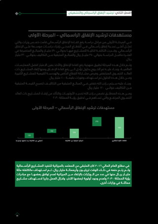 ‫األولى‬ ‫المرحلة‬ – ‫الرأسمالي‬ ‫اإلنفاق‬ ‫ترشيد‬ ‫مستهدفات‬
‫والتي‬ ‫وزرات‬ ‫خمـــس‬ ‫قامت‬ ‫الرأســـمالي‬ ‫اإلنفاق‬ ‫كفـــاءة‬ ‫رفع‬ ‫دراســـة‬ ‫مراحل‬ ‫من‬ ‫األولى‬ ‫المرحلـــة‬ ‫فـــي‬
‫اإلنفاق‬ ‫علـــى‬ ‫موســـعة‬ ‫دراســـات‬ ‫بإجراء‬ ‫المدنـــي‬ ‫القطـــاع‬ ‫فـــي‬ ‫رأســـمالي‬ ‫إنفاق‬ ‫نســـبة‬ ‫أعلـــى‬ ‫تمثـــل‬
‫في‬ ‫المنصرفة‬ ‫والمبالـــغ‬ ‫مليـــار‬ 490 ‫بحوالـــي‬ ‫فيهـــا‬ ‫للمشـــاريع‬ ‫الكليـــة‬ ‫التكلفـــة‬ ‫وقـــدرت‬ .‫الرأســـمالي‬
‫مليار‬ 220 ‫بحوالـــي‬ ‫التكاليف‬ ‫مـــن‬ ‫المتبقية‬ ‫والمبالـــغ‬ ‫ريال‬ ‫مليـــار‬ 270 ‫بحوالي‬ ‫الدراســـة‬ ‫ماقبـــل‬ ‫الفتـــرة‬
‫ل‬‫يا‬‫ر‬
‫الممارســـات‬ ‫افضل‬ ‫االعتبار‬ ‫بعين‬ ‫واألخذ‬ ‫اإلنفاق‬ ‫كفاءة‬ ‫رفع‬ ‫منهجية‬ ‫تطبيق‬ ‫المرحلة‬ ‫هـــذه‬ ‫خالل‬ ‫وتـــم‬
‫ذات‬ ‫المشـــاريع‬ ‫إلغاء‬ ‫ومنها‬ ‫اإلنفـــاق‬ ‫كفاءة‬ ‫رفع‬ ‫الـــى‬ ‫تؤدي‬ ‫بحلول‬ ‫الخـــروج‬ ‫تم‬ ‫عليـــه‬ ‫وبنـــاء‬ ،‫العالميـــة‬
‫الكبيرة‬ ‫للمشـــاريع‬ ‫القيمية‬ ‫والهندســـة‬ ‫الخاص‬ ‫القطاع‬ ‫مشـــاركة‬ ‫وفرص‬ ‫المنخفض‬ ‫التنمـــوي‬ ‫العائـــد‬
‫ريال‬ ‫مليار‬ 100 ‫بقيمـــة‬ ‫وفورات‬ ‫اســـتهداف‬ ‫تم‬ ‫الحلول‬ ‫هـــذه‬ ‫خالل‬ ‫ومـــن‬
‫المتبقية‬ ‫القيمـــة‬ ‫لتصبح‬ ‫التكاليـــف‬ ‫من‬ ‫المتبقية‬ ‫المبالـــغ‬ ‫فـــي‬ ‫خفض‬ ‫الله‬ ‫بـــإذن‬ ‫ســـيتم‬ ‫عليه‬ ‫وبنـــاء‬
‫ريال‬ ‫مليار‬ 120 ‫حوالـــي‬ ‫التكاليف‬ ‫مـــن‬
‫العائد‬ ‫ذات‬ ‫المشـــاريع‬ ‫إبقـــاء‬ ‫من‬ ‫والتأكد‬ ‫األولويـــات‬ ‫تحديـــد‬ ‫الله‬ ‫بـــإذن‬ ‫نضمن‬ ‫المنطلـــق‬ ‫هـــذه‬ ‫ومـــن‬
2030 ‫المملكة‬ ‫رؤيـــة‬ ‫تحقيق‬ ‫فـــي‬ ‫تســـاهم‬ ‫والتي‬ ‫المرتفـــع‬ ‫التنمـــوي‬
‫األولى‬ ‫المرحلة‬ – ‫الرأسمالي‬ ‫اإلنفاق‬ ‫ترشيد‬ ‫مستهدفات‬
‫ﻟﻠﻤﺸﺎرﻳﻊ‬ ‫اﻟﻜﻠﻴﺔ‬ ‫اﻟﺘﻜﻠﻔﺔ‬‫اﻟﺘﻜﺎﻟﻴﻒ‬ ‫ﻣﻦ‬ ‫اﻟﻤﺘﺒﻘﻴﺔ‬ ‫اﻟﻤﺒﺎﻟﻎ‬‫اﻟﻮﻓﻮارت‬ ‫ﺗﺤﻘﻴﻖ‬ ‫ﺑﻌﺪ‬ ‫اﻟﺘﻜﺎﻟﻴﻒ‬ ‫ﻣﻦ‬ ‫اﻟﻤﺘﺒﻘﻲ‬
120
220
490
270
100
‫رﻳﺎل‬ ‫022ﻣﻠﻴﺎر‬
‫ﻋﻠﻴﻬﺎ‬ ‫اﻟﻌﻤﻞ‬ ‫ﺗﻢ‬
‫اﻟﺴﺎﺑﻘﺔ‬ ‫اﻟﻤﺮﺣﻠﺔ‬ ‫ﻓﻲ‬
16%
‫الرأســـمالية‬ ‫المشـــاريع‬ ‫لتنفيذ‬ ‫بالميزانية‬ ‫المعتمد‬ ‫من‬ ‫المتبقي‬ ‫كان‬ 2016 ‫المالي‬ ‫العام‬ ‫مطلع‬ ‫في‬
‫مائة‬ ‫ماتكلفته‬ ‫اســـتهداف‬ ‫تـــم‬ ،‫ريال‬ ‫مليار‬ ‫وأربعمائـــة‬ ‫تريليـــون‬ ‫الوقت‬ ‫ذلـــك‬ ‫في‬ ‫دفعه‬ ‫يتـــم‬ ‫ولـــم‬
‫مبادرات‬ ‫مع‬ ‫بعضهـــا‬ ‫توافق‬ ‫لعدم‬ ‫الميزانية‬ ‫مـــن‬ ‫باإللغاء‬ ‫الـــوزارات‬ ‫من‬ ‫عدد‬ ‫في‬ ‫منها‬ ‫ريـــال‬ ‫مليـــار‬
‫مشـــاريع‬ ‫الســـتهداف‬ ‫جاريا‬ ‫العمل‬ ‫والزال‬ ،‫اآلخر‬ ‫لبعضها‬ ‫أولوية‬ ‫وجود‬ ‫ولعدم‬ 2030 ‫المملكة‬ ‫رؤية‬
.‫أخرى‬ ‫وزارات‬ ‫في‬ ‫مماثلـــة‬
‫والتشغيلي‬ ‫الرأسمالي‬ ‫اإلنفاق‬ ‫ترشيد‬ :‫الثاني‬ ‫الفصل‬
31
 