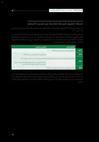 ‫األسعار‬ ‫تعديل‬ ‫من‬ ‫القادمة‬ ‫للمرحلة‬ ‫الطريق‬ ‫خارطة‬
‫بين‬ ‫ما‬ ‫الفترة‬ ‫خـــال‬ ‫األســـعار‬ ‫في‬ ‫تدريجية‬ ‫تعديالت‬ ‫األســـعار‬ ‫تعديل‬ ‫من‬ ‫الثانيـــة‬ ‫المرحلـــة‬ ‫ســـتتضمن‬
.2020 ‫إلى‬ 2017
‫ربط‬ ‫وســـيتم‬ ،‫محددة‬ ‫بنســـبة‬ ‫المرجعية‬ ‫التصدير‬ ‫بأســـعار‬ ‫المحلية‬ ‫الطاقة‬ ‫منتجات‬ ‫أســـعار‬ ‫ربط‬ ‫ســـيتم‬
‫المرجعية‬ ‫التصديـــر‬ ‫أســـعار‬ ‫على‬ ً‫بنـــاء‬ )‫الكفاءة‬ ‫(عالـــي‬ ‫اإلنتاج‬ ‫تكلفـــة‬ ‫بســـعر‬ ‫والميـــاه‬ ‫الكهربـــاء‬ ‫تعرفـــة‬
‫المرجعية‬ ‫التصدير‬ ‫أســـعار‬ ‫في‬ ‫التحركات‬ ‫حســـب‬ ‫المحلية‬ ‫األســـعار‬ ‫مراجعة‬ ‫وســـيتم‬ .‫الطاقة‬ ‫لمنتجات‬
.‫المحددة‬ ‫الربـــط‬ ‫ونســـب‬ ‫الطاقة‬ ‫لمنتجات‬
‫السكني‬ ‫القطاع‬‫السكني‬ ‫غير‬ ‫القطاع‬
2017100% ‫بنسبة‬ ‫المرجعي‬ ‫بالسعر‬ ‫الكهرباء‬ ‫ربط‬
2018100% ‫بنسبة‬ ‫المرجعي‬ ‫بالسعر‬ ‫الكهرباء‬ ‫ربط‬
2019
‫األثر‬ ‫لتخفيف‬ ‫دفعات‬ ‫على‬ ‫ذلك‬ ‫وسيتم‬ ،‫التحتية‬ ‫البنية‬ ‫جاهزية‬ ‫باعتبار‬ ‫المرجعية‬ ‫باألسعار‬ ‫المياه‬ ‫أسعار‬ ‫ربط‬
‫بشكل‬ ‫المرجعية‬ ‫باألسعار‬ ‫المربوطة‬ ‫غير‬ ‫المنتجات‬ ‫أسعار‬ ‫ربط‬
)‫الطبيعي‬ ‫والغاز‬ ‫والبروبان‬ ‫البيوتان‬ ‫(عدا‬ ‫تدريجي‬
2020100% ‫بنسبة‬ ‫المرجعية‬ ‫باألسعار‬ ‫المنتجات‬ ‫جميع‬ ‫ربط‬
‫عامي‬ ‫خالل‬ ‫تطبيقها‬ ‫ليتـــم‬ ‫المرجعية‬ ‫التصدير‬ ‫باألســـعار‬ ‫والديزل‬ ‫البنزين‬ ‫أســـعار‬ ‫ربط‬ ‫دراســـة‬ ً‫حاليا‬ ‫يتـــم‬
‫كما‬ ،‫التطبيق‬ ‫قبـــل‬ ‫كافيـــة‬ ‫بمدة‬ ‫الربـــط‬ ‫ونســـبة‬ ‫التطبيـــق‬ ‫تاريـــخ‬ ‫عـــن‬ ‫اإلعـــان‬ ‫وســـيتم‬ ،2020‫و‬ 2017
‫التوازن‬ ‫برنامج‬ ‫إطـــاق‬ ‫عند‬ ‫والمياه‬ ‫الطاقـــة‬ ‫منتجات‬ ‫لجميع‬ ‫التعديـــات‬ ‫تفاصيل‬ ‫عن‬ ‫اإلعـــان‬ ‫ســـيتم‬
.‫المالي‬
‫والمياه‬ ‫الطاقة‬ ‫أسعار‬ ‫إصالحات‬ :‫الثالث‬ ‫الفصل‬
43
 