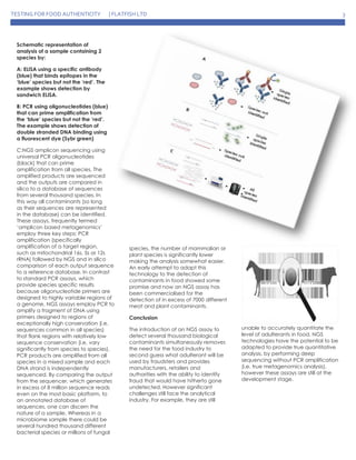TESTING FOR FOOD AUTHENTICITY | FLATFISH LTD 3
Schematic representation of
analysis of a sample containing 2
species by:
A: ELISA using a specific antibody
(blue) that binds epitopes in the
‘blue’ species but not the ‘red’. The
example shows detection by
sandwich ELISA.
B: PCR using oligonucleotides (blue)
that can prime amplification from
the ‘blue’ species but not the ‘red’.
The example shows detection of
double stranded DNA binding using
a fluorescent dye (Sybr green)
C:NGS amplicon sequencing using
universal PCR oligonucleotides
(black) that can prime
amplification from all species. The
amplified products are sequenced
and the outputs are compared in
silico to a database of sequences
from several thousand species. In
this way all contaminants (so long
as their sequences are represented
in the database) can be identified.
These assays, frequently termed
‘amplicon based metagenomics’
employ three key steps: PCR
amplification (specifically
amplification of a target region,
such as mitochondrial 16s, 5s or 12s
rRNA) followed by NGS and in silico
comparison of each output sequence
to a reference database. In contrast
to standard PCR assays, which
provide species specific results
because oligonucleotide primers are
designed to highly variable regions of
a genome, NGS assays employ PCR to
amplify a fragment of DNA using
primers designed to regions of
exceptionally high conservation (i.e.
sequences common in all species)
that flank regions with relatively low
sequence conservation (i.e. vary
significantly from species to species).
PCR products are amplified from all
species in a mixed sample and each
DNA strand is independently
sequenced. By comparing the output
from the sequencer, which generates
in excess of 8 million sequence reads
even on the most basic platform, to
an annotated database of
sequences, one can discern the
nature of a sample. Whereas in a
microbiome sample there could be
several hundred thousand different
bacterial species or millions of fungal
species, the number of mammalian or
plant species is significantly lower
making the analysis somewhat easier.
An early attempt to adapt this
technology to the detection of
contaminants in food showed some
promise and now an NGS assay has
been commercialised for the
detection of in excess of 7000 different
meat and plant contaminants.
Conclusion
The introduction of an NGS assay to
detect several thousand biological
contaminants simultaneously removes
the need for the food industry to
second guess what adulterant will be
used by fraudsters and provides
manufacturers, retailers and
authorities with the ability to identify
fraud that would have hitherto gone
undetected. However significant
challenges still face the analytical
industry. For example, they are still
unable to accurately quantitate the
level of adulterants in food. NGS
technologies have the potential to be
adapted to provide true quantitative
analysis, by performing deep
sequencing without PCR amplification
(i.e. true metagenomics analysis),
however these assays are still at the
development stage.
 