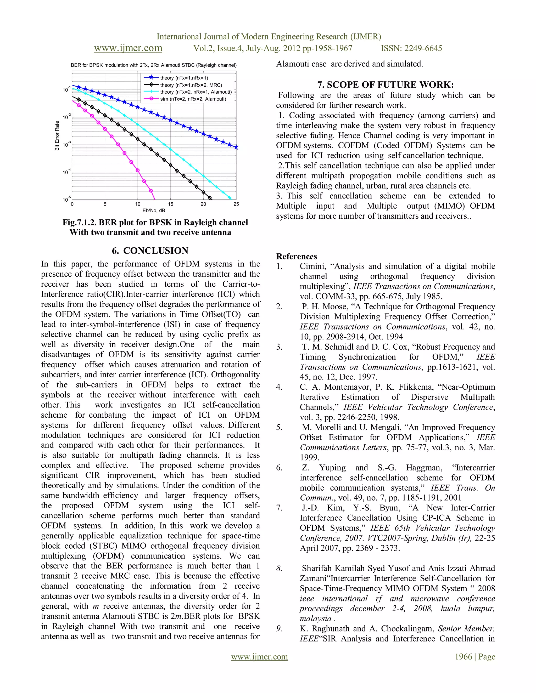 International Journal of Modern Engineering Research (IJMER)
                                    www.ijmer.com                          Vol.2, Issue.4, July-Aug. 2012 pp-1958-1967      ISSN: 2249-6645
                           BER for BPSK modulation with 2Tx, 2Rx Alamouti STBC (Rayleigh channel)         Alamouti case are derived and simulated.
                                                                  theory (nTx=1,nRx=1)
                      -1
                     10
                                                                  theory (nTx=1,nRx=2, MRC)                          7. SCOPE OF FUTURE WORK:
                                                                  theory (nTx=2, nRx=1, Alamouti)
                                                                  sim (nTx=2, nRx=2, Alamouti)
                                                                                                           Following are the areas of future study which can be
                                                                                                          considered for further research work.
                      -2
                     10                                                                                    1. Coding associated with frequency (among carriers) and
    Bit Error Rate




                                                                                                          time interleaving make the system very robust in frequency
                                                                                                          selective fading. Hence Channel coding is very important in
                      -3
                     10                                                                                   OFDM systems. COFDM (Coded OFDM) Systems can be
                                                                                                          used for ICI reduction using self cancellation technique.
                      -4
                                                                                                           2.This self cancellation technique can also be applied under
                     10
                                                                                                          different multipath propogation mobile conditions such as
                                                                                                          Rayleigh fading channel, urban, rural area channels etc.
                      -5
                     10
                                                                                                          3. This self cancellation scheme can be extended to
                           0            5             10               15          20               25
                                                           Eb/No, dB
                                                                                                          Multiple input and Multiple output (MIMO) OFDM
                                                                                                          systems for more number of transmitters and receivers..
                     Fig.7.1.2. BER plot for BPSK in Rayleigh channel
                       With two transmit and two receive antenna

                                            6. CONCLUSION
                                                                                                          References
In this paper, the performance of OFDM systems in the                                                     1.    Cimini, “Analysis and simulation of a digital mobile
presence of frequency offset between the transmitter and the                                                    channel using orthogonal frequency division
receiver has been studied in terms of the Carrier-to-                                                           multiplexing”, IEEE Transactions on Communications,
Interference ratio(CIR).Inter-carrier interference (ICI) which                                                  vol. COMM-33, pp. 665-675, July 1985.
results from the frequency offset degrades the performance of                                             2.     P. H. Moose, “A Technique for Orthogonal Frequency
the OFDM system. The variations in Time Offset(TO) can                                                          Division Multiplexing Frequency Offset Correction,”
lead to inter-symbol-interference (ISI) in case of frequency                                                    IEEE Transactions on Communications, vol. 42, no.
selective channel can be reduced by using cyclic prefix as                                                      10, pp. 2908-2914, Oct. 1994
well as diversity in receiver design.One of the main                                                      3.     T. M. Schmidl and D. C. Cox, “Robust Frequency and
disadvantages of OFDM is its sensitivity against carrier                                                        Timing Synchronization for OFDM,” IEEE
frequency offset which causes attenuation and rotation of                                                       Transactions on Communications, pp.1613-1621, vol.
subcarriers, and inter carrier interference (ICI). Orthogonality                                                45, no. 12, Dec. 1997.
of the sub-carriers in OFDM helps to extract the                                                          4.    C. A. Montemayor, P. K. Flikkema, “Near-Optimum
symbols at the receiver without interference with each                                                          Iterative Estimation of Dispersive Multipath
other. This     work investigates an ICI self-cancellation                                                      Channels,” IEEE Vehicular Technology Conference,
scheme for combating the impact of ICI on OFDM                                                                  vol. 3, pp. 2246-2250, 1998.
systems for different frequency offset values. Different                                                  5.     M. Morelli and U. Mengali, “An Improved Frequency
modulation techniques are considered for ICI reduction                                                          Offset Estimator for OFDM Applications,” IEEE
and compared with each other for their performances. It                                                         Communications Letters, pp. 75-77, vol.3, no. 3, Mar.
is also suitable for multipath fading channels. It is less                                                      1999.
complex and effective. The proposed scheme provides                                                       6.     Z. Yuping and S.-G. Haggman, “Intercarrier
significant CIR improvement, which has been studied                                                             interference self-cancellation scheme for OFDM
theoretically and by simulations. Under the condition of the                                                    mobile communication systems,” IEEE Trans. On
same bandwidth efficiency and larger frequency offsets,                                                         Commun., vol. 49, no. 7, pp. 1185-1191, 2001
the proposed OFDM system using the ICI self-                                                              7.     J.-D. Kim, Y.-S. Byun, “A New Inter-Carrier
cancellation scheme performs much better than standard                                                          Interference Cancellation Using CP-ICA Scheme in
OFDM systems. In addition, In this work we develop a                                                            OFDM Systems,” IEEE 65th Vehicular Technology
generally applicable equalization technique for space-time                                                      Conference, 2007. VTC2007-Spring, Dublin (Ir), 22-25
block coded (STBC) MIMO orthogonal frequency division                                                           April 2007, pp. 2369 - 2373.
multiplexing (OFDM) communication systems. We can
observe that the BER performance is much better than 1                                                    8.     Sharifah Kamilah Syed Yusof and Anis Izzati Ahmad
transmit 2 receive MRC case. This is because the effective                                                      Zamani“Intercarrier Interference Self-Cancellation for
channel concatenating the information from 2 receive                                                            Space-Time-Frequency MIMO OFDM System “ 2008
antennas over two symbols results in a diversity order of 4. In                                                 ieee international rf and microwave conference
general, with m receive antennas, the diversity order for 2                                                     proceedings december 2-4, 2008, kuala lumpur,
transmit antenna Alamouti STBC is 2m.BER plots for BPSK                                                         malaysia .
in Rayleigh channel With two transmit and one receive                                                     9.    K. Raghunath and A. Chockalingam, Senior Member,
antenna as well as two transmit and two receive antennas for                                                    IEEE“SIR Analysis and Interference Cancellation in

                                                                                                www.ijmer.com                                              1966 | Page
 