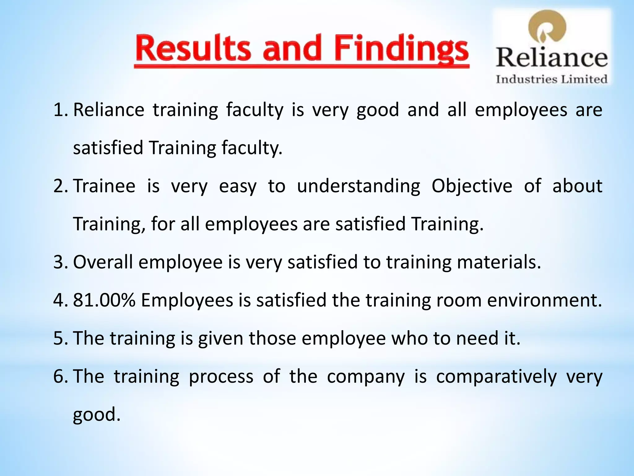 1. Reliance training faculty is very good and all employees are
satisfied Training faculty.
2. Trainee is very easy to understanding Objective of about
Training, for all employees are satisfied Training.
3. Overall employee is very satisfied to training materials.
4. 81.00% Employees is satisfied the training room environment.
5. The training is given those employee who to need it.
6. The training process of the company is comparatively very
good.
 