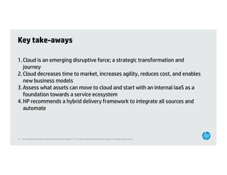 Key take-aways

1. Cloud is an emerging disruptive force; a strategic transformation and
   journey
2. Cloud decreases time to market, increases agility, reduces cost, and enables
   new business models
3.
3 Assess what assets can move to cloud and start with an internal IaaS as a
   foundation towards a service ecosystem
4. HP recommends a hybrid delivery framework to integrate all sources and
   automate
      t    t




12   © Copyright 2012 Hewlett-Packard Development Company, L.P. The information contained herein is subject to change without notice.
 