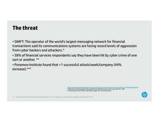 The threat

• SWIFT: The operator of the world’s largest messaging network for financial
transactions said its communications systems are facing record levels of aggression
                                        y              g                   gg
from cyber hackers and attackers.*
• 38% of financial services respondents say they have been hit by cyber crime of one
sort or another. **
• Ponemon Institute found that >1 successful attack/week/company (44%
increase).***



                                                                                         * http://www.securitiestechnologymonitor.com/news/swift-terrorism-at-new-peak-shah-30120-1.html?zkPrintable=true
                                                                                              p //                       gy              /     /                       p
                                                                                         ** Cybercrime: protecting against the growing threat, Global Economic Crime Survey, Nov 2011, PWC.
                                                                                         *** Second Annual Cost of Cyber Crime Study, August 2011, Ponemon Institue.



15   © Copyright 2012 Hewlett-Packard Development Company, L.P. The information contained herein is subject to change without notice.
 