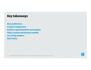 Key takeaways

New architecture
Creates transparency
Enables experimentation and analysis
Value creation and business models
Law f big
L of bi numbersb
Data Policy




25   © Copyright 2012 Hewlett-Packard Development Company, L.P. The information contained herein is subject to change without notice.
 
