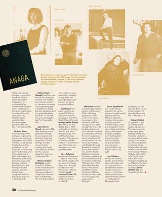 30 bradley.edu/hilltopics
Hilltop, he played
trumpet in municipal
bands and with a
dance band after
graduation. He
continues to be
involved with amateur
radio, a hobby he’s
had since high school.
James and his wife,
Jody, have two
children, seven
grandchildren
and three great-
grandchildren and
live in Springfield, Mo.
Richard Moss
recently retired after
a 50-year engineering
career in air condition-
ing systems and HVAC
in the U.S. and abroad.
He also has written
guidelines for rail
transit air conditioning
systems. Richard, who
changed his name
from Muschelewicz to
Moss after graduation,
enjoys Chicago-area
festivals, outdoor
band concerts, golf,
fishing and other
outdoor activities.
He has three
daughters and four
grandsons and lives
in Wheeling, Ill.
Kathy Kerber
Nowak lived from one
end of the country to
another. She worked
as a teacher and for
an insurance company
in programming and
management. Kathy
has two daughters and
two granddaughters
and lives “in a small
house on a beautiful
lake” in Owensville,
Mo.
Julie Warren
Planck retired in 2006
after working as the
personal manager
for jazz pianist and
Steinway Artist Joe
Augustine. The Chi
Omega member
enjoys friends,
cooking and travel.
Julie has two children
and four grand-
daughters and lives
in Sarasota, Fla.
Marcia Shapiro
Rothstein taught
school for 24 years
in the Humboldt Park
neighborhood of
Chicago and lived in
Tinley Park. She now
lives in Bradenton,
Fla. The Sigma Delta
Tau member enjoys
exercising, traveling,
charity work and
playing bridge. She
has two sons and
six grandchildren.
Joel Ruben has
been a partner at
several CPA firms
and active with his
synagogue and B’nai
B’rith. He and his wife,
Marilyn Wolfe Ruben
’66, met at the ISA
Beatle Bop in 1964
and had their first big
date for that year’s
Homecoming. Joel
and Marilyn enjoy
traveling. They moved
to Arizona in 1988
and live in the Phoenix
area. They have two
daughters and one
granddaughter.
Larry Salvatori
remembers Bradley as
“a special time in my
life. Great people, safe
environment, happy
times that I thought
would never end.”
He has two children,
including Jodi
Salvatori Tarter ’03,
and seven grand-
children. He lives
in Lisle, Ill.
Mel Smith worked
in the Bradley Student
Center and Housing
Office following
graduation. After
a stint in the Army,
he worked at the
University of Illinois,
Chicago, for 16 years,
managing many of its
facilities and opera-
tions. He then opened
an investment advisory
firm and has been an
active volunteer and
world traveler. He has
remained involved
with Bradley through
leadership roles with
the Alumni Associa-
tion and the Foster
College of Business.
Currently a member of
the University’s Board
of Trustees, Mel is the
1993 recipient of the
Lydia Moss Bradley
Award. He earned
an MBA from the
University of Illinois.
He and his wife, Janet,
live in Chicago and
southwestern
Michigan.
Peter Szydlowski
was student body
president his senior
year and recalls myriad
activities with his
Theta Xi fraternity
brothers. He worked
in other countries
with the Peace Corps
and traveled to many
parts of the world after
retiring. He earned
a master’s degree
from Northwestern
University. Peter
has five children,
six grandchildren
and two great-
grandchildren. He
lives in Santa Cruz,
Calif.
Joe Udelson
earned his master’s
degree at the Univer-
sity of Michigan and
his doctorate from
Vanderbilt University.
He has written two
books — The Great
Television Race and
Dreamer of the Ghetto
— and taught at
Tennessee State
University. He and
his wife, Teresa, have
three children, 25
grandchildren, and
live in Monsey, N.Y.
Walter Wollnik
is “grateful to the
University for the
quality education …
The opportunity to
meet many great,
lifelong friends and
fraternity brothers is
something I will always
cherish.” He retired
as a financial adviser
at Edward Jones.
A Sigma Nu member,
Walter holds an MBA
from George Williams
College. He and his
wife, Carol, enjoy
travel and live in
Arlington Heights, Ill.,
and Naples, Fla. They
have three children,
including David
Wollnik ’88, and
10 grandchildren.
The background images are pulled from the senior class
Bradley yearbook, the 1965 Anaga. Find this complete
and downloadable yearbook — and every yearbook
Bradley produced — online at bradley.edu/go/
ht-1965yearbook.
 