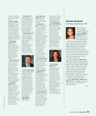 of Illinois United Way.
Carissa is an inventory
analyst senior with
ATS.
Stephen Wright
’94 was named to
the Delaware Council
on Banking by Gov.
Jack Markell. The
seven-member council
is an advisory group
on matters relating
to banking laws and
community banks
in the state. Stephen
works in new business
development and loan
portfolio management
for CNB.
Kristin Miller
Horzen ’95 was
named interim
executive director
of the South Carolina
Bar Foundation. She
is a CPA and has
been financial/office
manager of the
foundation. Kristin
earned a master’s
degree in business
from Lakeland
College.
Jamie Murray ’95
was named Baseball
Coach of the Year
by the Northwest
Herald newspaper.
He coaches at
Algonquin Jacobs
High School, which
shared a third-place
trophy after a
rain-shortened game
in the 2015 Illinois
state tournament.
A pitcher while at
Bradley, he also was
the newspaper’s coach
of the year in 2013.
Karen Mills
Russell ’95 was
named director of
human resources at
Galesburg Cottage
Hospital in Illinois.
A certified senior
professional in human
resources, she earned
an MBA from Lewis
University. Karen is
president of the
Central Illinois Society
for Human Resources
and is active in
professional and
civic organizations.
Kyle Watson ’95
was named boys’
basketball head coach
at Casey-Westfield
High School in Casey,
Ill. He also teaches
social studies at the
school. Previously,
he was a coach and
teacher at Farmer
City-Blue Ridge and
Rockford Boylan
high schools in Illinois.
Jennifer Doody ’96
was promoted to
public works director
of North Las Vegas,
Nev. She had been a
senior engineer in the
Public Works
Department’s
development and
flood control division.
Jennifer earned a
master’s degree in
public administration
from the University
of Nevada, Las Vegas.
Interbusiness Issues
selected Adam Hawks
’97 for the 40 Leaders
Under Forty award
for 2014. He is vice
president of invest-
ments with Hilltop
Wealth Management
of Raymond James
in Peoria, Ill. Active in
professional groups,
he is on two advisory
boards for Raymond
James. Adam, who
is a certified financial
planner and chartered
financial consultant,
also volunteers with
service and civic
groups. He and
his wife, Erin
L’Hommedieu
Hawks ’96, have
three children.
Lynn Sosnowski
Means ’97 joined
Gewalt Hamilton
Associates Inc. as a
senior transportation
engineer.
S. Ann Skiold
M.F.A. ’97 is fine arts
librarian at Syracuse
University. She also
has been an adjunct
instructor and
consultant. Previously,
she worked at
Westmont College
and the Santa Barbara,
Calif., Museum of Art.
She holds master’s
degrees from Lund
University in Sweden
and San Jose State
University and has
done doctoral
coursework at Ohio
University. Ann,
who has had her
art exhibited
internationally,
also holds a diploma
in visual arts from
Flinders University
in South Australia.
Keith Bucher, MBA
’98 is vice president
and CFO at Fibrebond.
Previously, he was
director of finance
at Tuthill Corporation
and worked in
leadership roles at
Textron and Lectrus.
Jennifer Wallin
Franklin ’98 is a
nurse manager of
perianesthesia at Duke
University Hospital.
She completed a
master’s degree in
nursing administration
from Clemson
University. Active
with professional
organizations and
the Junior League,
Jennifer lives with
her husband, Dr. Tony
Franklin, in Apex, N.C.
Mark Lichtenberg
’98 was honored with
the Pacesetter Award
by the Evansville
Teachers Association.
He was the Evansville
association’s president
for two years and
taught for 15 years
before becoming
UniServ Director
with the Indiana State
Teachers Association.
Mark also is national
vice president of Phi
Mu Alpha Sinfonia.
Brian McNamara
’98 and Nicole Mladic
’01 were married
Oct. 4, 2014. Nicole,
who earned a master’s
degree at Northwest-
ern University, is
executive director
of communications
for the Feinberg
School of Medicine
at Northwestern. Brian
holds a juris doctorate
from Chicago Kent
College of Law and
is an EEO specialist
with the federal
government. They
live in Oak Park, Ill.
Anna Pearson
Blumeyer ’99 is
manager of
Caterpillar’s Mining
Inventory Manage-
ment Team. She
was named to the
40 Leaders Under
Forty list for 2014 by
Interbusiness Issues.
A certified change
master and Six Sigma
black belt, she has
participated in
professional activities,
such as Caterpillar’s
leadership program,
Powering Up. Anna
coaches youth
basketball and works
with both the Junior
Football League and
Junior Achievement.
Hawks,Blumeyer:ColorClassics.
Bradley Hilltopics Winter 2016 35
When Thornton
Township High
School in Harvey, Ill.,
inducted Kathleen
Bankhead ’80 into
the hall of fame in
May, the ceremony
had a Bradley feel.
President of the Thornton Alumni
Legacy Fund, which raises money for
school improvements and programs,
Bankhead earned a juris doctorate
at Chicago Kent College of Law.
She has worked for 25 years in the
Cook County State’s Attorney’s Office,
currently serving as lead assistant state’s
attorney in the Criminal Prosecutions
Bureau/Community Justice Center
on Chicago’s South Side.
Keynote speaker was Bob Caress
’69, another Thornton Hall of Famer,
a multisport athlete on the Hilltop and
member of the Bradley Athletics Hall
of Fame. After building a successful
chain of golf stores and becoming a
ranked tennis player and coach, he
and his family founded the Andy
Caress Melanoma Foundation to
honor his late son and raise awareness
of and funds to fight the disease.
Featured at the ceremony was
U.S. Rep. Robin Kelly ’78 M.A. ’82
HON ’14. She is a Bradley Centurion
and a member of the University’s
Board of Trustees.
— B.G.
Alumna Honored
Kathleen Bankhead ’80
 