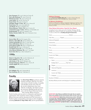 In Memory
Gary Thompson ’71, June 9, Monroe Center, Ill.
Rose Jaffe Weinberg ’71, July 4, Peoria, Ill.
Michael Corn M.A. ’72, June 13, Peoria, Ill.
James Galick ’73, July 26, Oak Park, Ill.
Duane Parker ’73, July 5, Dunlap, Ill.
Gail Baker Wright ’73 M.A. ’00, June 3, Peoria, Ill.
David Goetz ’75, June 6, Springfield, Ill.
Jack Monks ’75, May 14, Mapleton, Ill.
Denny Dalmasso ’76 M.A. ’84, Aug. 4, Canton, Ill.
Linda Perkins-Lopez ’76 M.A. ’79, May 13, Merrillville, Ind.
Rusell Rempala ’77, April 16, Lafayette, Colo.
Marilyn Schuster Oehler ’78, June 3, Davenport, Iowa
1980s
Kernon Gibes ’80, April 24, Augusta, Mich.
Richard J. Ryan MEA ’80, April 6, Sheldon, Ill.
Charles Zanzig MEA ’81, May 21, Green Bay, Wis.
Henry Hollensteiner ’83, May 19, Peoria, Ill.
Donna Besse Prelletz ’83, April 15, Wheeling, Ill.
Randall Strahl ’83, Aug. 6, LaGrange, Ill.
Lisa Nesbit Carnes ’86, Aug. 19, Knoxville, Ill.
Anne Glaccum McGowan ’86, June 7, Las Vegas
Kevin Christ ’88, May 3, West Caldwell, N.J.
1990s
Robert C. Berg M.A. ’90, June 20, Chillicothe, Ill.
Steven Mefford Jr. ’92, May 1, Pekin, Ill.
John Kerley Jr. ’95, April 27, Ellington, Mo.
George Kottemann, HON ’97, June 1, Peoria, Ill.
Jimette Highfill ’99, July 23, Peoria, Ill.
2000s
Erin Gallagher ’02, July 9, Libertyville, Ill.
Ross VanDeHey ’05, July 7, Belvidere, Ill.
Faculty
Dr. Doris Hoye Wilson, professor emerita
of home economics, died Oct. 26, 2015,
at her home in North Carolina. A member
of the Bradley faculty from 1961–83,
she served as department chair from
1969–82. At Bradley, she helped costume
the University Madrigal group and was
active with the Peoria Historical Society.
After retiring, Wilson moved to
North Carolina and was active in community and historical
organizations. She earned her master’s degree at Southern
Illinois University and her doctorate from The University of
North Carolina at Greensboro. Surviving are three daughters,
including Deborah D. Hoye Villers ’68, and five grandchildren.
Bradley Hilltopics Winter 2016 41
PLEASE NOTE: Class Notes are published in the order they are received.
Please send wedding and birth announcements within one year of the event.
PHOTO SUBMISSIONS: Digital photos should measure at least 1,200 pixels
on the short side. Include photographer’s written permission to reproduce
copyrighted photos. Bradley Hilltopics reserves the right to make the final
selection of all photography based upon available space, subject matter and
photo quality. QUESTIONS: Call (309) 677-2249, or email hilltopics@bradley.edu.
Address Changes:
Email alumnirecords@bradley.edu, or write to Alumni Records,
Bradley University, 1501 W. Bradley Ave., Peoria, IL 61625.
In Memory Guidelines:
Submit an obituary by mailing a newspaper clipping or memory card
from the funeral home to Bradley Hilltopics, 1501 W. Bradley Ave.,
Peoria, IL 61625.
Class Notes Information: Send Us Your News!
Complete the form below and mail to Bradley Hilltopics, 1501 W.
Bradley Ave., Peoria, IL 61625. You may also fax it to (309) 677-4055,
or use our online form at bradley.edu/go/ht-Classnotes.
Name________________________________ Maiden__________________
Class Year____________ Degree___________________________________
Advanced Degree(s)____________________________________________
Institution(s)____________________________________________________
Home Address_________________________________________________
City _____________________________________ State______ ZIP________
Email__________________________________________________________
Phone_________________________________________________________
Current Job Title(s)______________________________________________
Employer______________________________________________________
Name___________________________ Maiden__________________
Bradley Alum?______________Class Year______________________
Degree___________________________________________________
Advanced Degree(s)________________________________________
Institution_________________________________________________
Current Job Title(s)_________________________________________
Employer_________________________________________________
Number of Children_____________________________________________
My News (Please provide month/day/year for weddings and births.)
____________________________________________________________________________
____________________________________________________________________________
____________________________________________________________________________
____________________________________________________________________________
SPOUSE
 