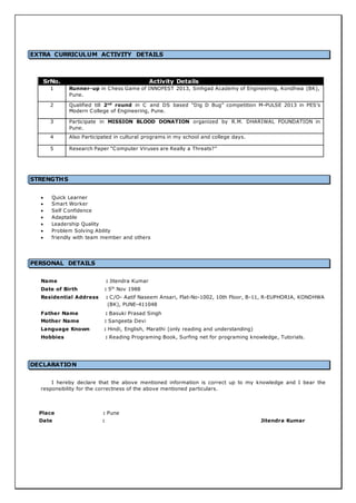 EXTRA CURRICULUM ACTIVITY DETAILS 
SrNo. Activity Details 
1 Runner-up in Chess Game of INNOFEST 2013, Sinhgad Academy of Engineering, Kondhwa (BK), 
Pune. 
2 Qualified till 2nd round in C and DS based “Dig D Bug” competition M-PULSE 2013 in PES’s 
Modern College of Engineering, Pune. 
3 Participate in MISSION BLOOD DONATION organized by R.M. DHARIWAL FOUNDATION in 
Pune. 
4 Also Participated in cultural programs in my school and college days. 
5 Research Paper “C omputer Viruses are Really a Threats?” 
STRENGTHS 
 Quick Learner 
 Smart Worker 
 Self Confidence 
 Adaptable 
 Leadership Quality 
 Problem Solving Ability 
 friendly with team member and others 
PERSONAL DETAILS 
Name : Jitendra Kumar 
Date of Birth : 5th Nov 1988 
Residential Address : C/O- Aatif Naseem Ansari, Flat-No-1002, 10th Floor, B-11, R-EUPHORIA, KONDHWA 
(BK), PUNE-411048 
Father Name : Basuki Prasad Singh 
Mother Name : Sangeeta Devi 
Language Known : Hindi, English, Marathi (only reading and understanding) 
Hobbies : Reading Programing Book, Surfing net for programing knowledge, Tutorials. 
DECLARATION 
I hereby declare that the above mentioned information is correct up to my knowledge and I bear the 
responsibility for the correctness of the above mentioned particulars. 
Place : Pune 
Date : Jitendra Kumar 
