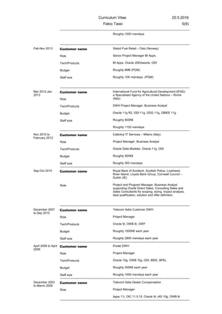Curriculum Vitae 20.5.2016
Fabio Tassi 5(9)
Roughly 1000 mandays
Feb-Nov 2013 Customer name
Role
Tech/Products
Budget
Staff size
Statoil Fuel Retail – Oslo (Norway)
Senior Project Manager BI Apps.
BI Apps, Oracle JDEdwards, ODI
Roughly 8M€ (PGM)
Roughly 10K mandays (PGM)
Mar 2012-Jan
2013
Customer name
Role
Tech/Products
Budget
Staff size
International Fund for Agricultural Development (IFAD)
a Specialised Agency of the United Nations – Rome
(Italy)
DWH Project Manager, Business Analyst
Oracle 11g R2, ODI 11g, OGG 11g, OBIEE 11g
Roughly 800K€
Roughly 1100 mandays
Nov 2010 to
February 2012
Customer name
Role
Tech/Products
Budget
Staff size
Cattolica IT Services – Milano (Italy)
Project Manager, Business Analyst
Oracle Data Modeler, Oracle 11g, ODI
Roughly 500K€
Roughly 500 mandays
Sep-Oct 2010 Customer name
Role
Royal Bank of Scotland, Scottish Police, Lockheed,
River Island, Lloyds Bank Group, Cornwall Council –
Dublin (IE)
Project and Program Manager, Business Analyst
supporting Oracle Direct Sales, Consulting Sales and
Sales Consultants for scoping, sizing, impact analysis,
deal qualification, solution and offer definition.
December 2007
to Sep 2010
Customer name
Role
Tech/Products
Budget
Staff size
Telecom Italia Customer DWH
Project Manager
Oracle 9i, OWB 9i, OWF
Roughly 1500K€ each year
Roughly 2800 mandays each year
April 2008 to April
2009
Customer name
Role
Tech/Products
Budget
Staff size
Postel DWH
Project Manager
Oracle 10g, OWB 10g, ODI, BIEE, BPEL
Roughly 500K€ each year
Roughly 1000 mandays each year
December 2003
to March 2009
Customer name
Role
Telecom Italia Dealer Compensation
Project Manager
Apps 11i, OIC 11.5.10, Oracle 9i, iAS 10g, OWB 9i
 