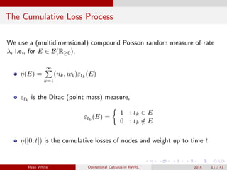 The Cumulative Loss Process
We use a (multidimensional) compound Poisson random measure of rate
λ, i.e., for E ∈ B(R≥0),
η(E) =
∞
k=1
(nk, wk)εtk
(E)
εtk
is the Dirac (point mass) measure,
εtk
(E) =
1 : tk ∈ E
0 : tk /∈ E
η([0, t]) is the cumulative losses of nodes and weight up to time t
Ryan White Operational Calculus in RWRL 2014 11 / 41
 