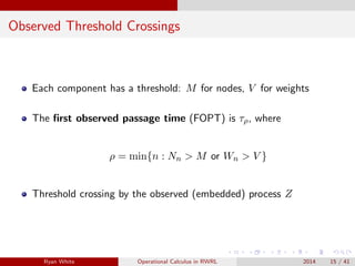 Observed Threshold Crossings
Each component has a threshold: M for nodes, V for weights
The ﬁrst observed passage time (FOPT) is τρ, where
ρ = min{n : Nn > M or Wn > V }
Threshold crossing by the observed (embedded) process Z
Ryan White Operational Calculus in RWRL 2014 15 / 41
 