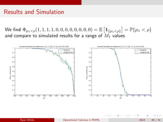 Results and Simulation
We ﬁnd Φµ1<ρ(1, 1, 1, 1, 0, 0, 0, 0, 0, 0, 0, 0) = E 1{µ1<ρ} = P{µ1 < ρ}
and compare to simulated results for a range of M1 values
Ryan White Operational Calculus in RWRL 2014 44 / 41
 