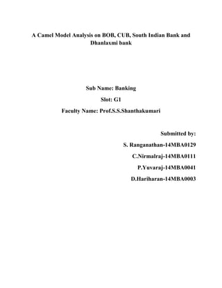 A Camel Model Analysis on BOB, CUB, South Indian Bank and
Dhanlaxmi bank
Sub Name: Banking
Slot: G1
Faculty Name: Prof.S.S.Shanthakumari
Submitted by:
S. Ranganathan-14MBA0129
C.Nirmalraj-14MBA0111
P.Yuvaraj-14MBA0041
D.Hariharan-14MBA0003
 