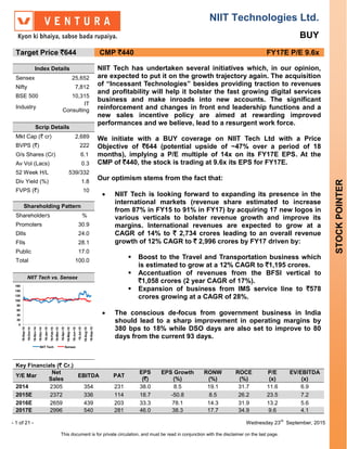 NIIT Technologies Ltd.
BUY
- 1 of 21 - Wednesday 23
rd
September, 2015
This document is for private circulation, and must be read in conjunction with the disclaimer on the last page.
STOCKPOINTER
Target Price `644 CMP `440 FY17E P/E 9.6x
Index Details NIIT Tech has undertaken several initiatives which, in our opinion,
are expected to put it on the growth trajectory again. The acquisition
of “Incessant Technologies” besides providing traction to revenues
and profitability will help it bolster the fast growing digital services
business and make inroads into new accounts. The significant
reinforcement and changes in front end leadership functions and a
new sales incentive policy are aimed at rewarding improved
performances and we believe, lead to a resurgent work force.
We initiate with a BUY coverage on NIIT Tech Ltd with a Price
Objective of `644 (potential upside of ~47% over a period of 18
months), implying a P/E multiple of 14x on its FY17E EPS. At the
CMP of `440, the stock is trading at 9.6x its EPS for FY17E.
Our optimism stems from the fact that:
 NIIT Tech is looking forward to expanding its presence in the
international markets (revenue share estimated to increase
from 87% in FY15 to 91% in FY17) by acquiring 17 new logos in
various verticals to bolster revenue growth and improve its
margins. International revenues are expected to grow at a
CAGR of 14% to ` 2,734 crores leading to an overall revenue
growth of 12% CAGR to ` 2,996 crores by FY17 driven by:
 Boost to the Travel and Transportation business which
is estimated to grow at a 12% CAGR to `1,195 crores.
 Accentuation of revenues from the BFSI vertical to
`1,058 crores (2 year CAGR of 17%).
 Expansion of business from IMS service line to `578
crores growing at a CAGR of 28%.
 The conscious de-focus from government business in India
should lead to a sharp improvement in operating margins by
380 bps to 18% while DSO days are also set to improve to 80
days from the current 93 days.
Sensex 25,652
Nifty 7,812
BSE 500 10,315
Industry
IT
Consulting
Scrip Details
Mkt Cap (` cr) 2,689
BVPS (`) 222
O/s Shares (Cr) 6.1
Av Vol (Lacs) 0.3
52 Week H/L 539/332
Div Yield (%) 1.8
FVPS (`) 10
Shareholding Pattern
Shareholders %
Promoters 30.9
DIIs 24.0
FIIs 28.1
Public 17.0
Total 100.0
NIIT Tech vs. Sensex
0
20
40
60
80
100
120
140
160
16-Sep-14
16-Oct-14
16-Nov-14
16-Dec-14
16-Jan-15
16-Feb-15
16-Mar-15
16-Apr-15
16-May-15
16-Jun-15
16-Jul-15
16-Aug-15
16-Sep-15
NIIT Tech Sensex
Key Financials (` Cr.)
Y/E Mar
Net
Sales
EBITDA PAT
EPS
(`)
EPS Growth
(%)
RONW
(%)
ROCE
(%)
P/E
(x)
EV/EBITDA
(x)
2014 2305 354 231 38.0 8.5 19.1 31.7 11.6 6.9
2015E 2372 336 114 18.7 -50.8 8.5 26.2 23.5 7.2
2016E 2659 439 203 33.3 78.1 14.3 31.9 13.2 5.6
2017E 2996 540 281 46.0 38.3 17.7 34.9 9.6 4.1
 