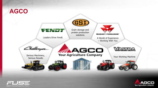 2
AGCO
Your Working Machine
A World of Experience
– Working With You
Serious Machinery,
Serious Results
Leaders Drive Fendt
Grain storage and
protein production
solutions
 
