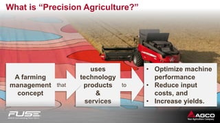What is “Precision Agriculture?”
5
uses
technology
products
&
services
to
A farming
management
concept
that
• Optimize machine
performance
• Reduce input
costs, and
• Increase yields.
 