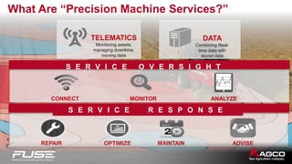 7
What Are “Precision Machine Services?”
TELEMATICS
Monitoring assets,
managing downtime,
moving data
S E R V I C E R E S P O N S E
ANALYZEMONITOR
REPAIR OPTIMIZE MAINTAIN ADVISE
DATA
Combining Real-
time data with
stored data
CONNECT
S E R V I C E O V E R S I G H T
 