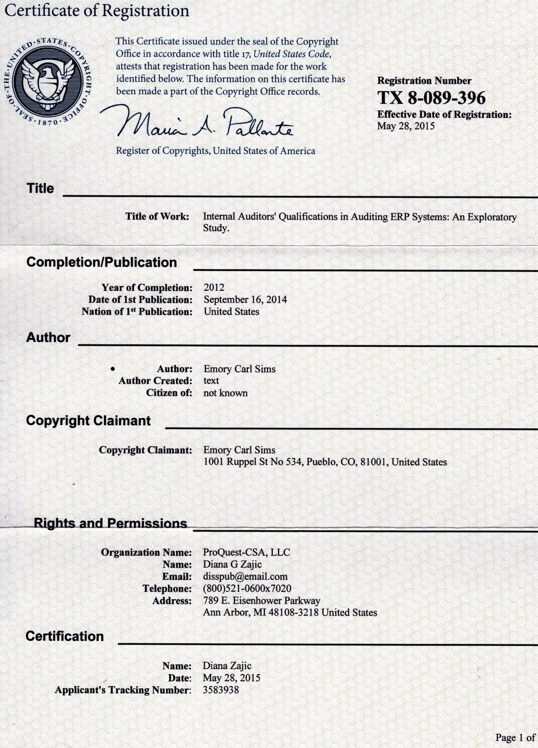 U.S. Library of Congress Certificate of Registration | PDF