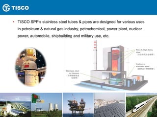• TISCO SPP’s stainless steel tubes & pipes are designed for various uses
in petroleum & natural gas industry, petrochemical, power plant, nuclear
power, automobile, shipbuilding and military use, etc.
 