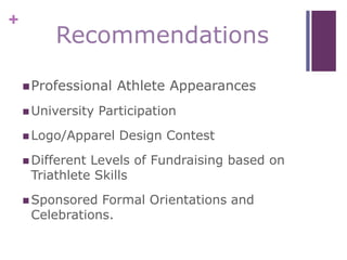 +
Recommendations
Professional Athlete Appearances
 University Participation
 Logo/Apparel Design Contest
 Different Levels of Fundraising based on
Triathlete Skills
 Sponsored Formal Orientations and
Celebrations.
 