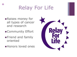 +
Relay For Life
Raises money for
all types of cancer
and research
Community Effort
Friend and family
oriented
Honors loved ones
 