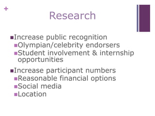 +
Research
Increase public recognition
Olympian/celebrity endorsers
Student involvement & internship
opportunities
Increase participant numbers
Reasonable financial options
Social media
Location
 
