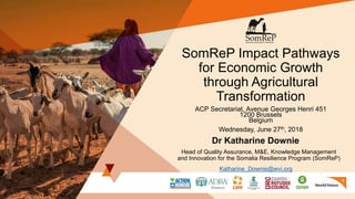 SomReP Impact Pathways
for Economic Growth
through Agricultural
Transformation
ACP Secretariat, Avenue Georges Henri 451
1200 Brussels
Belgium
Wednesday, June 27th, 2018
Dr Katharine Downie
Head of Quality Assurance, M&E, Knowledge Management
and Innovation for the Somalia Resilience Program (SomReP)
Katharine_Downie@wvi.org
 
