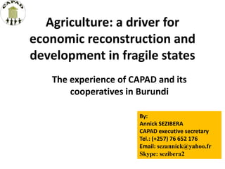 Agriculture: a driver for
economic reconstruction and
development in fragile states
The experience of CAPAD and its
cooperatives in Burundi
By:
Annick SEZIBERA
CAPAD executive secretary
Tel.: (+257) 76 652 176
Email: sezannick@yahoo.fr
Skype: sezibera2
 