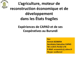 L’agriculture, moteur de
reconstruction économique et de
développement
dans les États fragiles
Expériences de CAPAD et de ses
Coopératives au Burundi
Par:
Annick SEZIBERA
Secrétaire Exécutive CAPAD
Tél: (+257) 76 652 176
E-Mail: sezannick@yahoo.fr
Skype: sezibera2
 