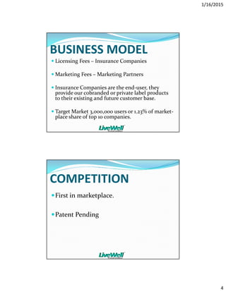 1/16/2015
4
BUSINESS MODEL
Licensing Fees – Insurance Companies
Marketing Fees – Marketing Partners
Insurance Companies are the end-user, they
provide our cobranded or private label products
to their existing and future customer base.
Target Market 3,000,000 users or 1.23% of market-
place share of top 10 companies.
COMPETITION
First in marketplace.
Patent Pending
 