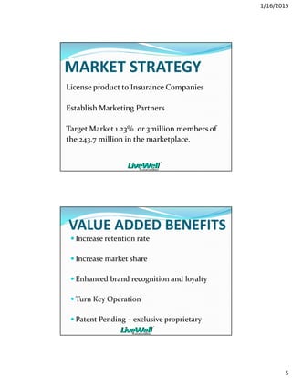 1/16/2015
5
MARKET STRATEGY
License product to Insurance Companies
Establish Marketing Partners
Target Market 1.23% or 3million members of
the 243.7 million in the marketplace.
VALUE ADDED BENEFITS
Increase retention rate
Increase market share
Enhanced brand recognition and loyalty
Turn Key Operation
Patent Pending – exclusive proprietary
 