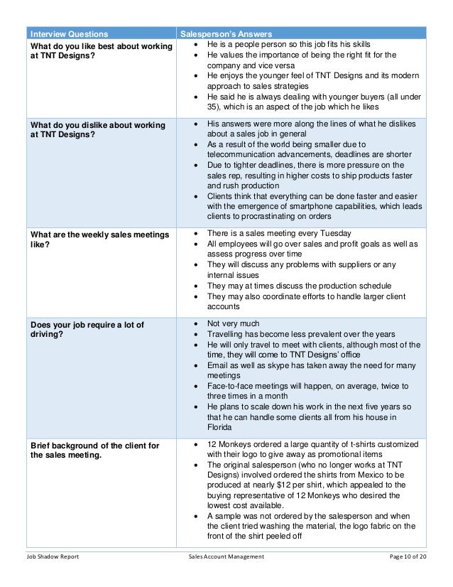 sales account management job shadow report job shadowing questions
