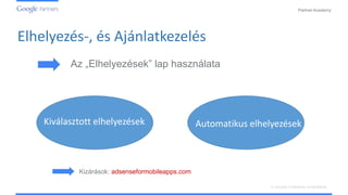 PartnerAcademy
A vizuális hirdetések ismertetése
Elhelyezés-, és Ajánlatkezelés
Az „Elhelyezések” lap használata
Kiválasztott elhelyezések Automatikus elhelyezések
Kizárások: adsenseformobileapps.com
 