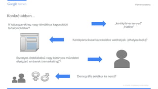 Confidential and Proprietary
Partner Academy
A vizuális hirdetések ismertetése
Konkrétabban...
A kulcsszavakhoz vagy témákhoz kapcsolódó
tartalomoldalak?
„kerékpárversenyző”
„triatlon”
Kerékpározással kapcsolatos webhelyek (elhelyezések)?
Demográfia (életkor és nem)?
Bizonyos érdeklődésű vagy bizonyos műveletet
elvégzett emberek (remarketing)?
 
