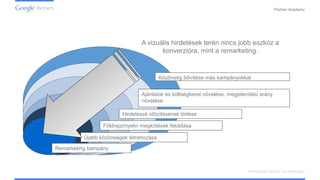 Confidential and Proprietary
Partner Academy
Közönségek célzása remarketinggel
A vizuális hirdetések terén nincs jobb eszköz a
konverzióra, mint a remarketing.
Remarketing kampány
Újabb közönségek létrehozása
Földrajzi/nyelvi megkötések feloldása
Hirdetések időzítésének törlése
Ajánlatok és költségkeret növelése, megjelenítési arány
növelése
Közönség bővítése más kampányokkal
 